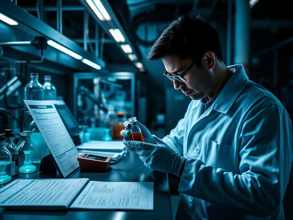 Quality-control scientist inspecting a chemical sample against documentation